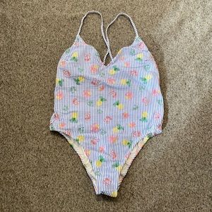 J. Crew Blue Stripe One-Piece Swimsuit with Yellow & Pink Fruit Print